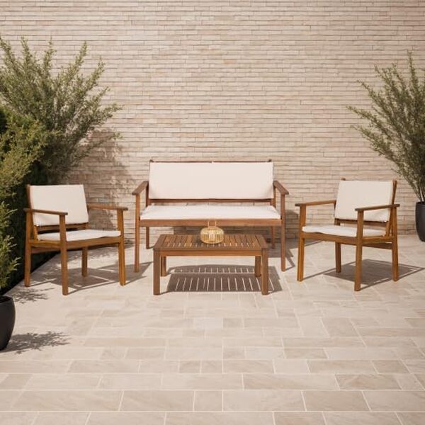 IDMarket Salon de Jardin Bas Jakarta 4 Places en Acacia avec Coussins Beige