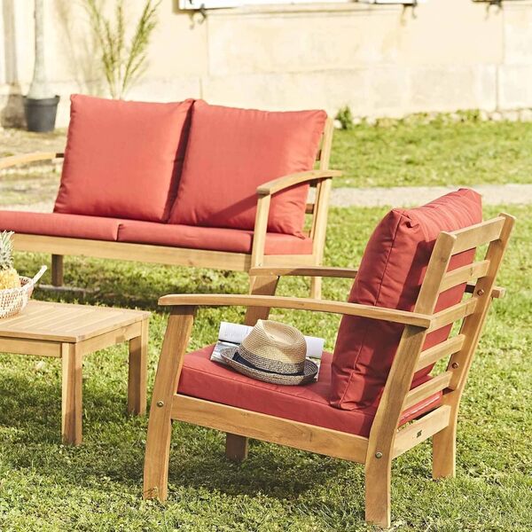 Alice's Garden - Salon de Jardin en Bois 4 Places - Ushuaïa - Coussins Terracotta. canapé. fauteuils et Table Basse en Acacia. Design