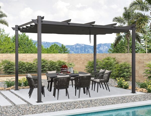 PURPLE LEAF Pergola Aluminium 4 x 3 m Tissu Teint en Fil, Pergolas pour Terrasse Extérieur, Pergola Jardin Extérieur Toit Coulissante, Pavillon de Jardin, Gris