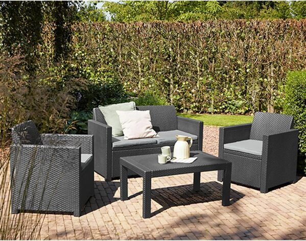 Allibert 201319 Merano Salon de Jardin détente avec 2 fauteuils + 1 canapé + 1 Table Basse en Plastique Aspect rotin Graphite