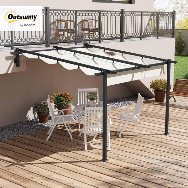 Outsunny Tonnelle d'environ 3 x 3 m - Pergola Coupe-Vent - Toit de terrasse - Montage Mural - Toit réglable - pour Jardin, terrasse - Crème
