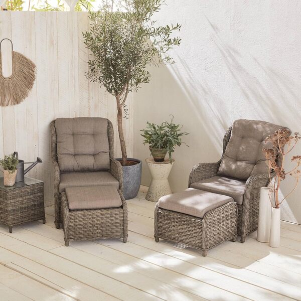 Alice's Garden - Lot de 2 fauteuils Relax en résine tressée Arrondie avec Repose Pieds et Table Basse - Barletta Gris - Aspect rotin. Coussins Beige. Structure Aluminium