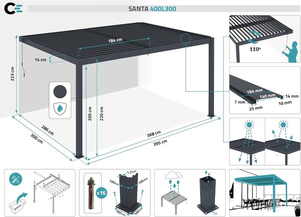 Cazeboo Pergola Bioclimatique adossée Santa 4x3m Aluminium Gris