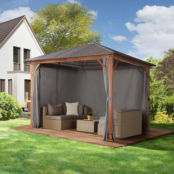 TOOLPORT Tonnelle de Jardin 3x3 m Aspect Bois, Toit en Acier 4 parois latérales, Gris