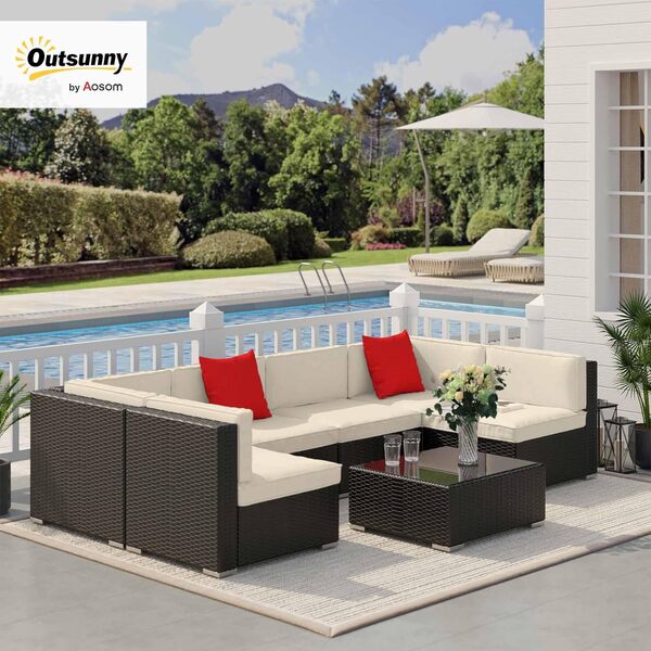 Outsunny Ensemble Salon de Jardin 7 pièces modulables, Coussins déhoussables Inclus, Table Basse avec Plateau Verre trempé, en résine tressée, Brun foncé