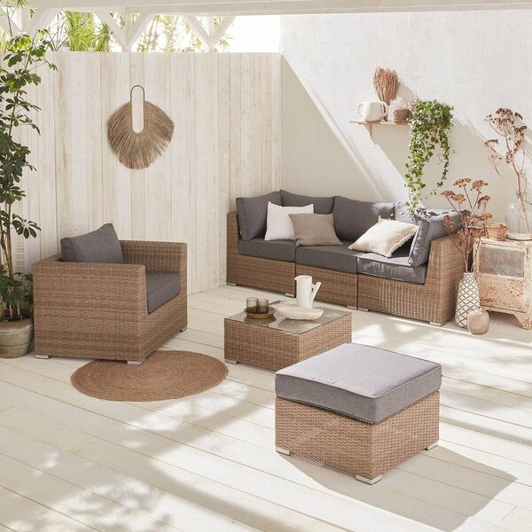 Alice's Garden - Salon de Jardin Premium en résine tressée Arrondie – Vinci – Résine Naturelle Style Osier. Coussins Gris foncé – 5 Places. Haut de Gamme