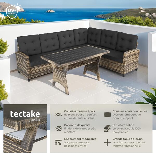TecTake® Ensemble Salon de Jardin Exterieur XXL en Poly Rotin Canapé 6 Places Rembourrage Moelleux et 1 Table de Jardin, Mobilier de Jardin pour Amenagement Balcon Terrasse Veranda Canapé rotin