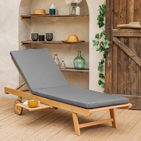 Happy Garden Bain de Soleil Pliant en Acacia KANAWA avec Tablette coulissante - Coussin Gris