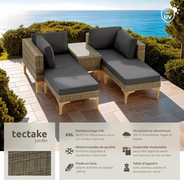 TecTake® Ensemble Salon de Jardin Exterieur en Poly Rotin Modulable Bain de Soleil 4 Places 1 Canapé 2 Tabouret Pouf et 1 Table de Jardin, Mobilier de Jardin pour Amenagement Balcon Terrasse