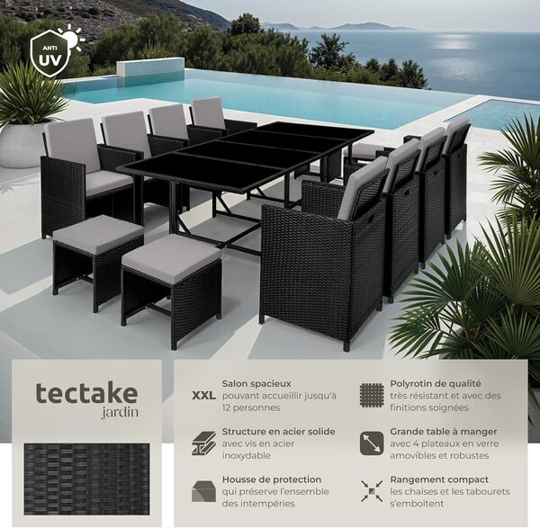 TecTake Salon de Jardin en Résine Tressée - Ensemble Repas Extérieur 8 Chaises Confortables 4 Tabourets 1 Table - Mobilier pour Aménagement Balcon Terrasse - Noir/Gris