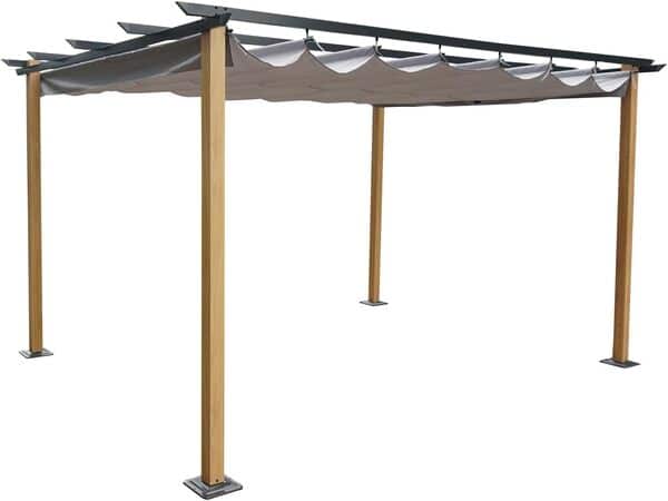 Avril Paris Tonnelle Pergola Aluminium 4x3 m Couleur Bois et Gris - Toile en Polyester Coulissante Rétractable Grise - Pergola Jardin Exterieur - Résistante aux UV – Hawai