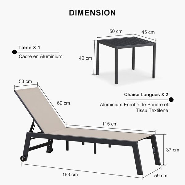 PURPLE LEAF Transat Jardin Exterieur Lot De 2 avec Table Textilène, Transat Luxe Jardin Aluminium Pliable 2 roulettes, Bain De Soleil, Beige