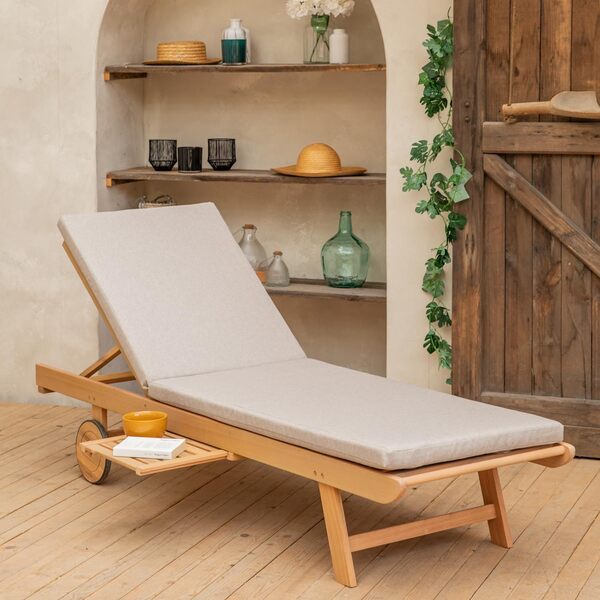 Happy Garden Bain de Soleil Pliant en Acacia KANAWA avec Tablette coulissante - Coussin Sable