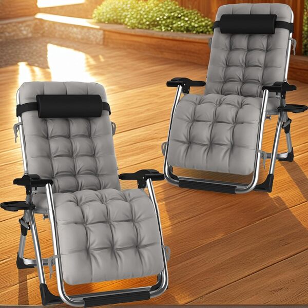 Fiutazge 2Pcs 65cm Largeur Bain de Soleil Chaise Longue Jardin Exterieur,Transat de Plage Pliable ave Rembourrage,Tête,Porte-Boisson,Dossier Réglable, Respirantes,pour Patio,Plage,Piscine-Gris