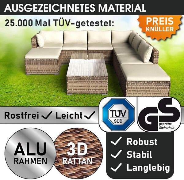 BRAST Salon de Jardin 7-8 Personnes, Salon de Jardin 7-8 Places rotin tressé alu, Wellness en Marron très Fin et élégant, Confort. -13 MODÈLES-, Lavable - Salon Bas de