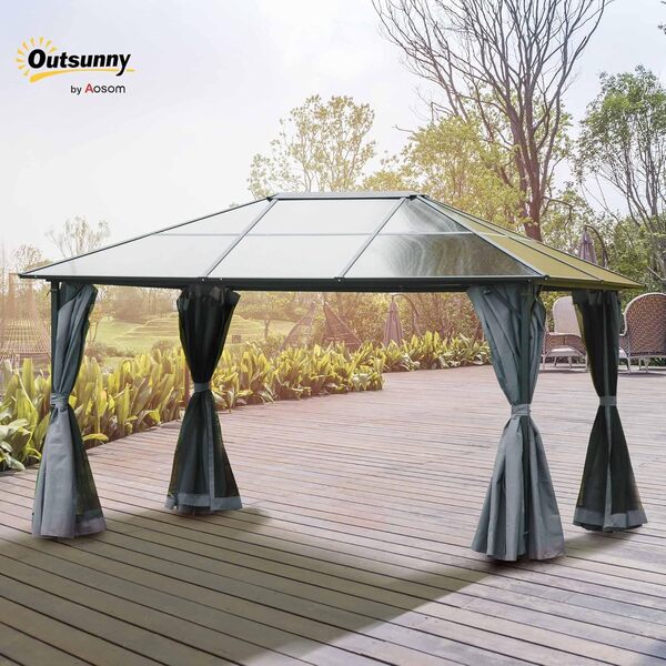Outsunny Tonnelle pavillon de Jardin avec Toit Rigide Polycarbonate imperméable 4 parois latérales Anti-UV moustiquaires 4 x 3 m Gris foncé et Noir