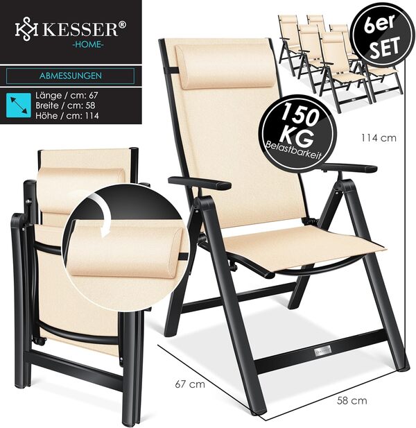 KESSER® Lot de 6 chaises de Jardin Pliantes en Aluminium avec accoudoirs - avec Oreiller - Dossier réglable en 7 Positions - Respirantes et résistantes aux intempéries - Pliables et antidérapantes -
