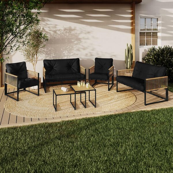IDMarket - Salon de Jardin Bas Rio 6 Places Structure métal Noir, Cordage Effet rotin Clair et Coussins Noir