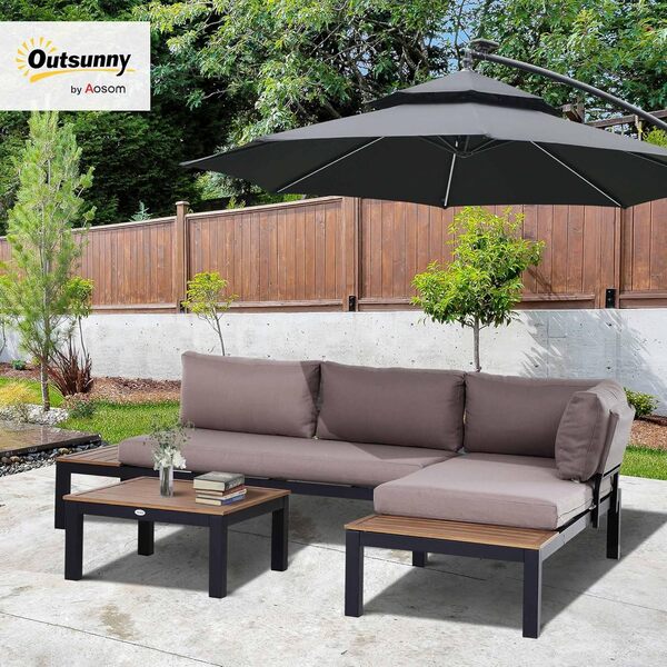 Outsunny Ensemble Salon de Jardin d'angle Design Contemporain 5 Places Coussins Marron Table Basse alu. Noir et Imitation Bois