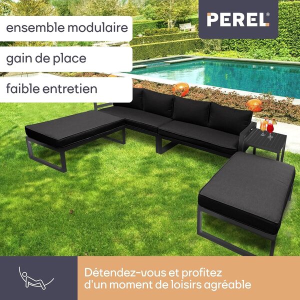 Perel Salon de Jardin en Aluminium, Ensemble de Jardin 8 Places, Lounge d'extérieur, avec Table et Coussins, pour Jardin, terrasse et Balcon, Cadre en Aluminium résistant aux intempéries, Noir