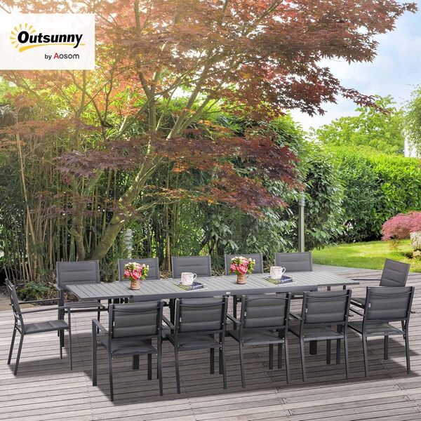 Outsunny Salon de Jardin en Aluminium et textilène Table Extensible 12 Personnes - 12 chaises empilables - dim. Table 200/300L x 90l x 75H cm Gris