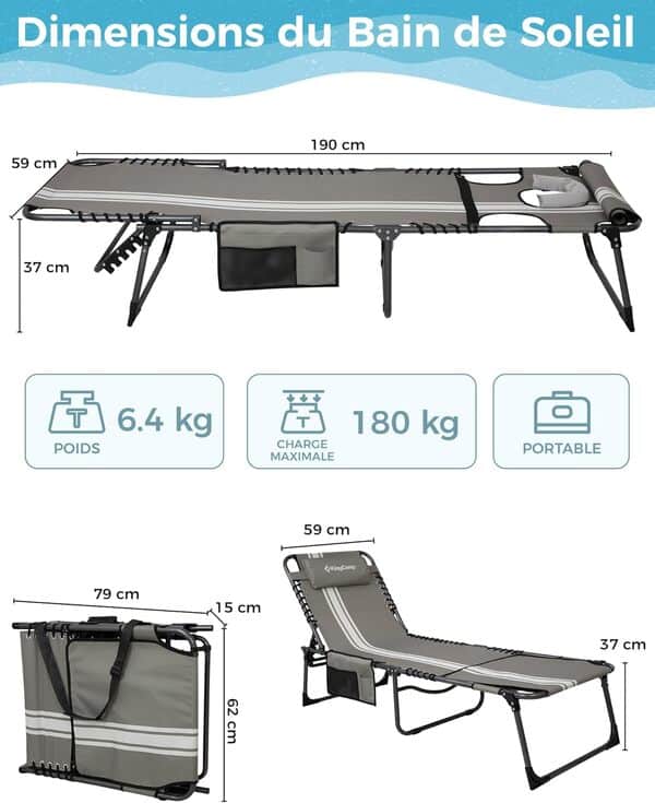 KingCamp Lot de 2 Bain de Soleil Pliants avec Trou de Visage pour Lecture, 5 Positions Réglable, Chaise Longue inclinable Pliable, Lit de Camping Pliant pour Plage Jardin Terrasse Piscine Voyage