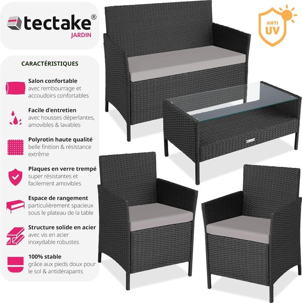 TecTake® Ensemble Salon de Jardin Exterieur en Poly Rotin Canapé 2 Places 2 Fauteuil Salon et 1 Table de Jardin, Coussins Inclus, Mobilier de Jardin pour Amenagement Balcon Terrasse Veranda