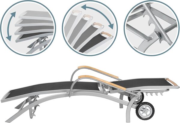 IB-Style® Diplomat Bain de Soleil | Chaise Longue de Jardin avec roulettes | 2 Couleurs | Aluminium Mat-argenté/Textile Noir | réglables sur 7 Positions | Mobilier Jardin