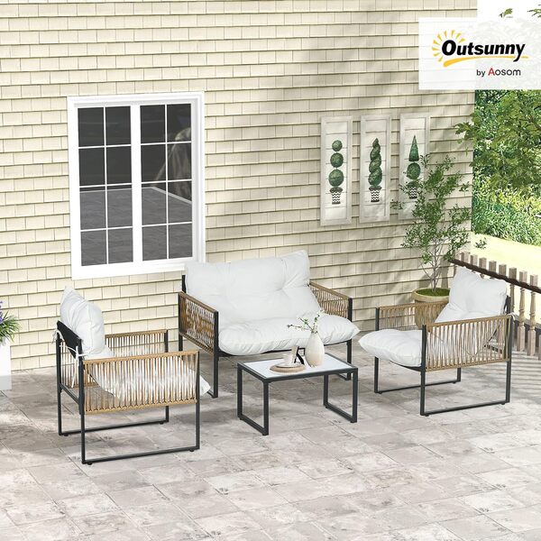 Outsunny Salon de Jardin extérieur 4 pièces mobilier de Jardin canapé 2 Places 2 fauteuils et 1 Table Basse Plateau Verre trempé 3 Coussins Acier et résine tressée - crème