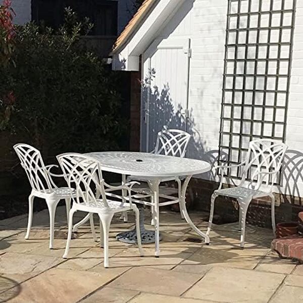 Lazy Susan Salon de Jardin: 150 cm Table Ovale June en Blanc avec 4 Chaises April en Aluminium résistant aux intempéries | Facile à Assembler