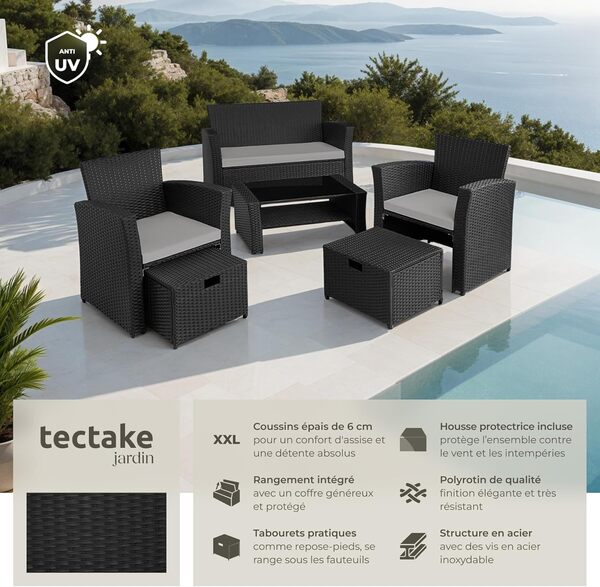TecTake® Ensemble Salon de Jardin Exterieur en Poly Rotin 1 Banquette Exterieur 2 Fauteuil 2 Tabouret et 1 Table de Jardin, Mobilier de Jardin pour Amenagement Balcon - Noir/Gris