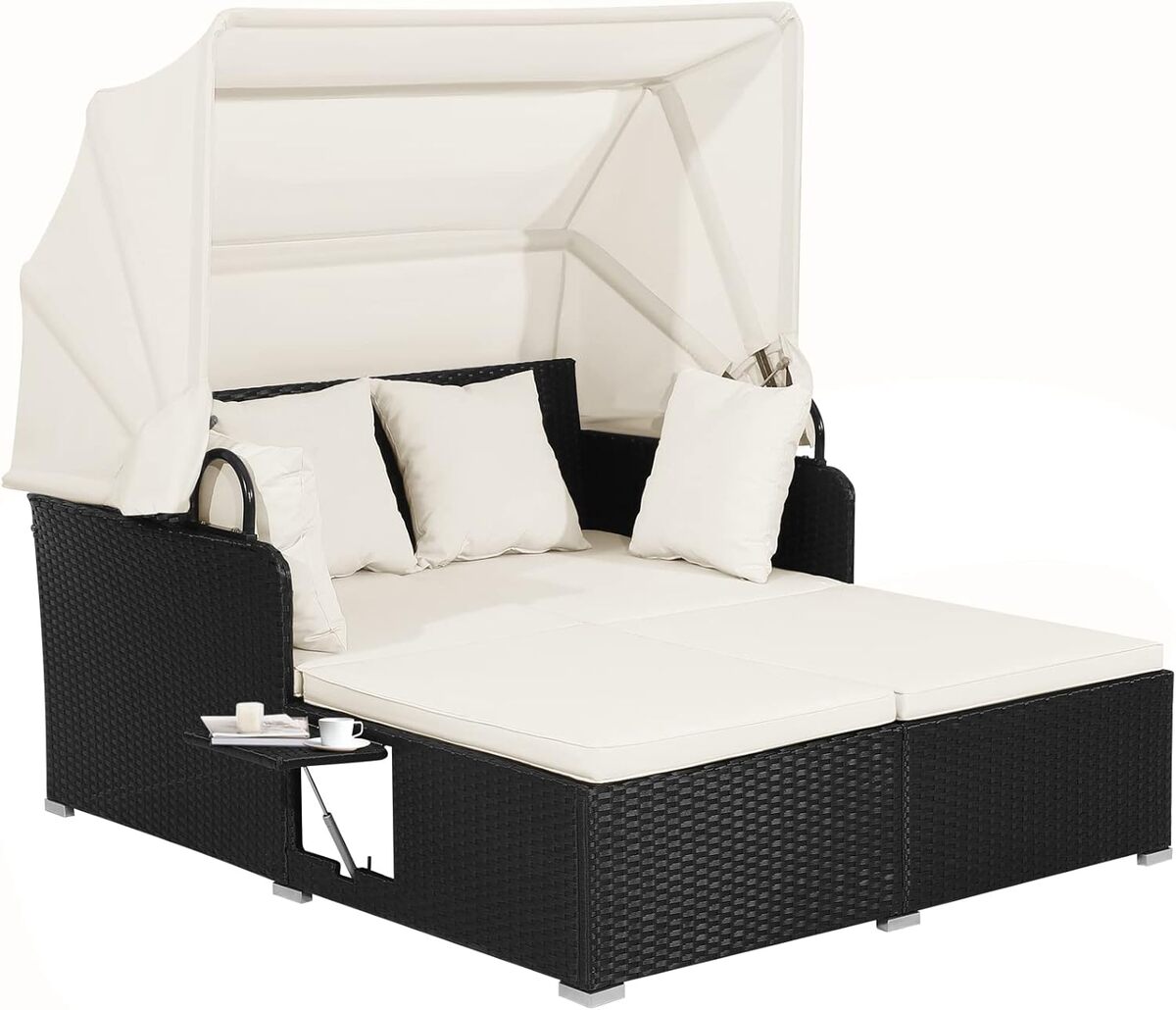 Test : chaise longue 2 places Costway blanche avec auvent et coussins épais