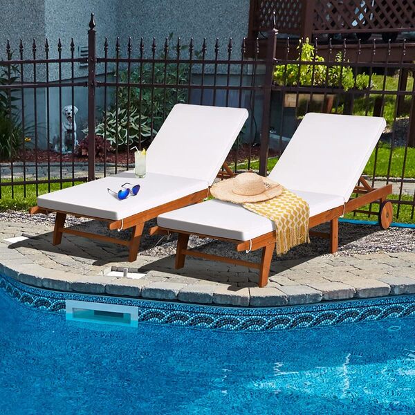 GOPLUS Lot de 2 Bain de Soleil Pliante en Bois d'Ecualyptus, Transat Jardin Extérieur avec Dossier Réglable 6 Positions, 2 Roues, 195 x 68 x 30-90 CM, Coussin Amovible, Idéal pour Balcon, Piscine