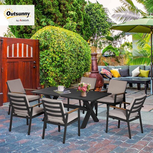 Outsunny Salon de jardin 6 pièces avec coussins, 1 table et 5 chaises en aluminium et bois de plastique noir
