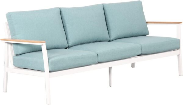 Salon de Jardin Extérieur en Aluminium et Bois Composite 5 Places - Vert et Blanc - Ensemble Meuble Salon Complet – 1 Canapé 3 Places – 2 Fauteuils et 1 Table Basse – Coussins Déhoussables - SOLEA