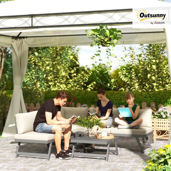 Outsunny Salon de Jardin extérieur d'angle et Convertible 4 pièces avec 2 banquettes, 1 Fauteuil d'angle et 1 Table Basse, Aluminium et Acier mobilier de Jardin pour Balcon terrasse, Beige