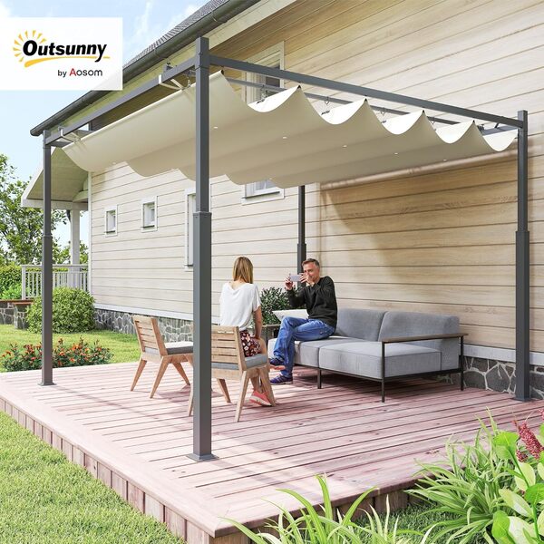 Outsunny Pergola coulissante rétractable 3 x 3 m pergola Jardin Exterieur à Fixation magnétique, tonnelle de Jardin, Polyester Haute densité 180g/m², abri Soleil UPF30+, pour terrasse, Patio, crème