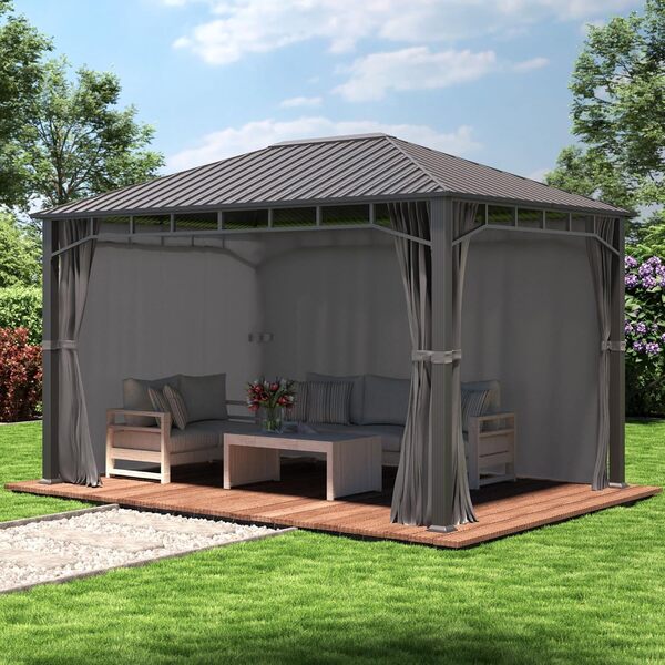 TOOLPORT Tonnelle de Jardin 3x4 m Toit en Acier, 4 parois latérales en Gris, profilé env. 90x90 mm