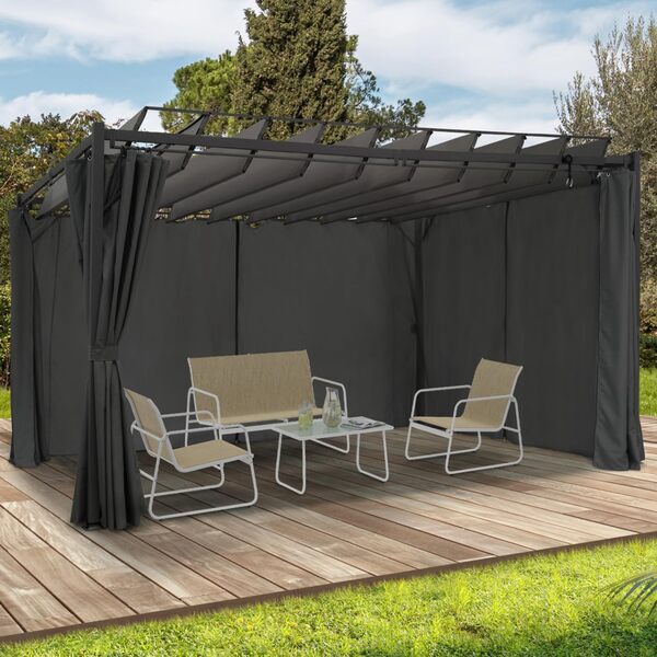IDMarket - Pergola édition suprem Lames orientables 3x4 M et 4 Rideaux Gris Anthracite