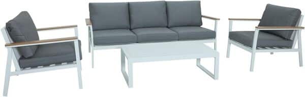 Salon de Jardin Extérieur en Aluminium et Bois Composite 5 Places- Gris et Blanc - Ensemble Meuble Salon Complet – 1 Canapé 3 Places – 2 Fauteuils et 1 Table Basse – Coussins Déhoussables - SOLEA