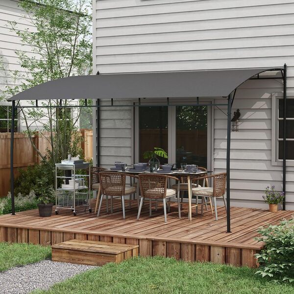 Outsunny Gazebo Pergola avec 12 Trous de Drainage, Pergola en métal avec auvent en Polyester, 8 vis d'expansion et 8 piquets, 400x296x200/262 cm, Gris foncé