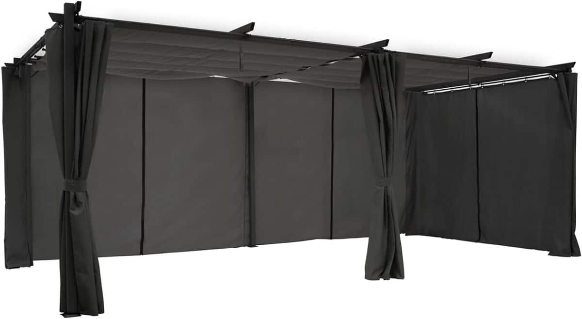 Test de la pergola IDMarket édition limitée : toit rétractable et 6 rideaux anthracite