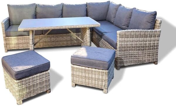 Home Deluxe - Salon en Poly rotin Bahia- Tabouret, Table avec Plateau en Verre et Coussin d'assise Inclus I Meubles de Salon, canapé d'extérieur, Meubles de Jardin et de Balcon