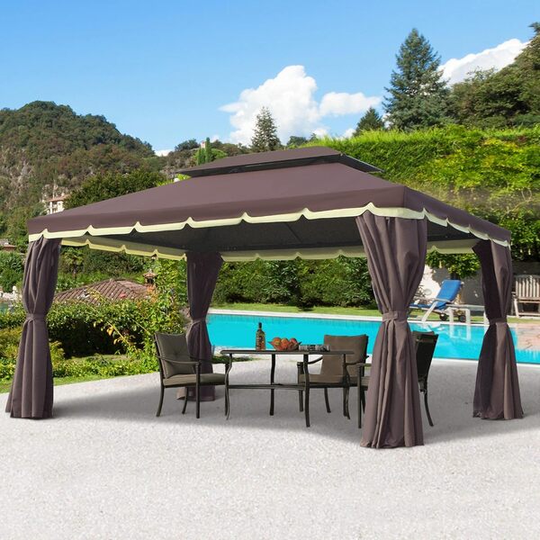 Outsunny Tonnelle de Jardin extérieur 4 x 3 m Barnum Double Toit Tente de réception avec parois et moustiquaires Marron