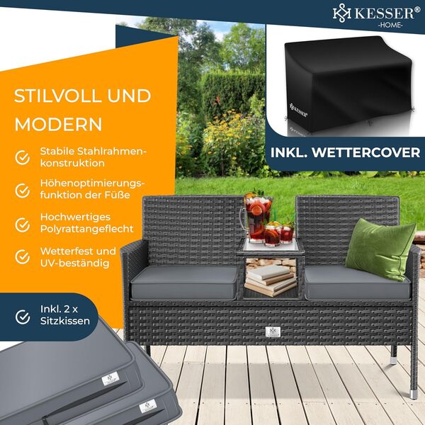KESSER® Banc de Jardin 2 Places en Rotin Synthétique Avec Table et Coussin Intégrés - 133 × 63 × 84 cm - Pour Balcon, Canapé Extérieur - Résistant Aux Intempéries, Ultra Stable - Anthracite