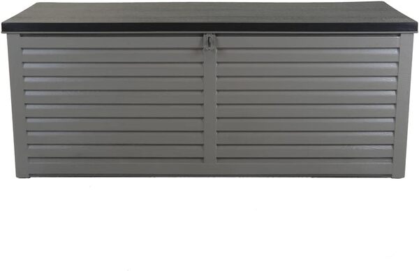 CHARLES BENTLEY Coffre de Rangement 390L Jardin Extérieur - Plastique Gris avec Couvercle Noir, Poignées Moulées, Cadenas, Glissières Aluminium (143x57x53 cm)