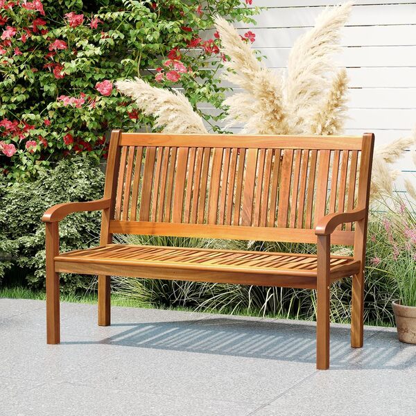 GOPLUS Banc d’Extérieur en Bois d’Acacia, Banc de Jardin Structure Stable avec Dossier en Form d’Arc et Accoudoirs Courbés, Chaise Lougue Meuble de Terrasse Balcon Patio Intérieur, Couleur Teck