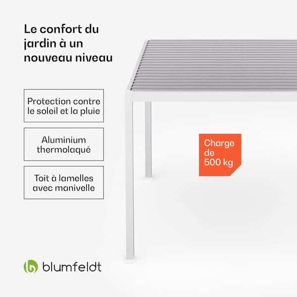 blumfeldt Tonnelle 3x3m, Tonnelle de Jardin Extérieur avec Toit à Lamelles Réglable, Cadre en Aluminium, Résistant aux Intempéries, Protection UV, Blanc, Facile à Assembler