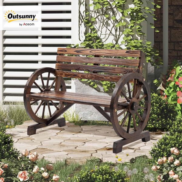 Outsunny Banc de Jardin 2 Places Banc en Bois Roue de Chariot avec accoudoirs Style campagnard Bois de Sapin Brun 105,5 x 56 x 79 cm