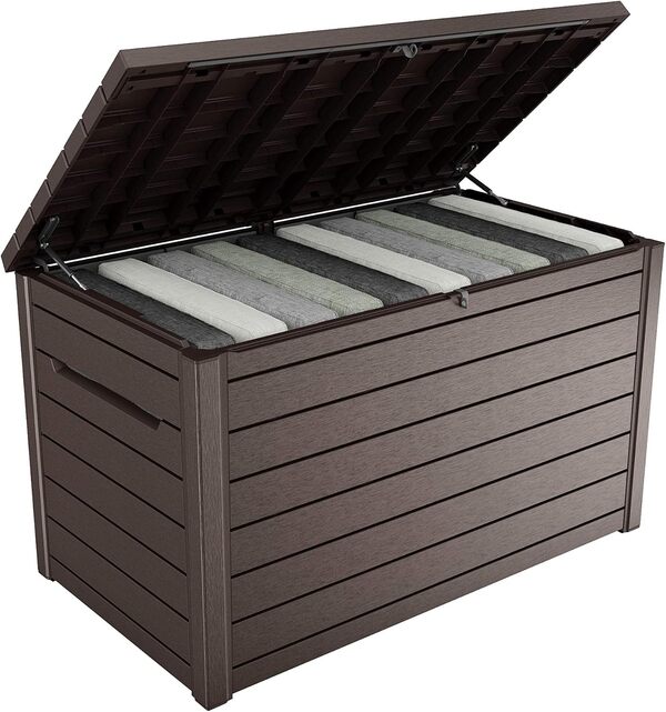 Keter Ontario Boîte de rangement avec ouverture à pistons, en plastique étanche, aspect bois, pour jardin, 870 litres